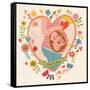 Pregnancy Concept Card in Cartoon Style. Baby and Mother in Love inside Hearts and Flowers-smilewithjul-Framed Stretched Canvas