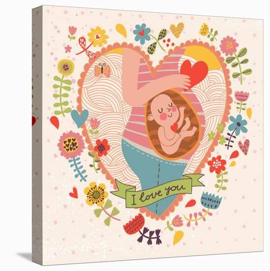 Pregnancy Concept Card in Cartoon Style. Baby and Mother in Love inside Hearts and Flowers-smilewithjul-Stretched Canvas