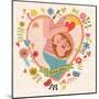 Pregnancy Concept Card in Cartoon Style. Baby and Mother in Love inside Hearts and Flowers-smilewithjul-Mounted Art Print