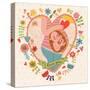 Pregnancy Concept Card in Cartoon Style. Baby and Mother in Love inside Hearts and Flowers-smilewithjul-Stretched Canvas