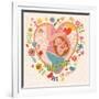 Pregnancy Concept Card in Cartoon Style. Baby and Mother in Love inside Hearts and Flowers-smilewithjul-Framed Art Print