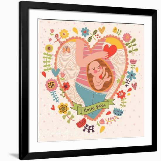 Pregnancy Concept Card in Cartoon Style. Baby and Mother in Love inside Hearts and Flowers-smilewithjul-Framed Art Print