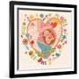 Pregnancy Concept Card in Cartoon Style. Baby and Mother in Love inside Hearts and Flowers-smilewithjul-Framed Art Print