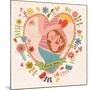 Pregnancy Concept Card in Cartoon Style. Baby and Mother in Love inside Hearts and Flowers-smilewithjul-Mounted Art Print