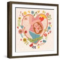 Pregnancy Concept Card in Cartoon Style. Baby and Mother in Love inside Hearts and Flowers-smilewithjul-Framed Art Print