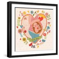 Pregnancy Concept Card in Cartoon Style. Baby and Mother in Love inside Hearts and Flowers-smilewithjul-Framed Art Print