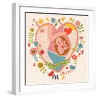 Pregnancy Concept Card in Cartoon Style. Baby and Mother in Love inside Hearts and Flowers-smilewithjul-Framed Art Print