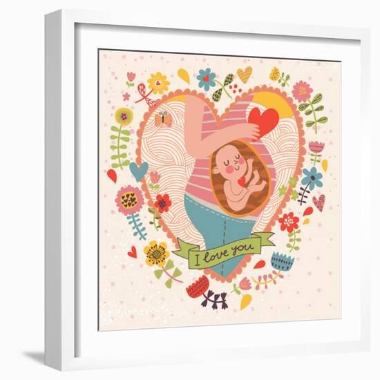 Pregnancy Concept Card in Cartoon Style. Baby and Mother in Love inside Hearts and Flowers-smilewithjul-Framed Art Print