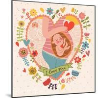 Pregnancy Concept Card in Cartoon Style. Baby and Mother in Love inside Hearts and Flowers-smilewithjul-Mounted Art Print