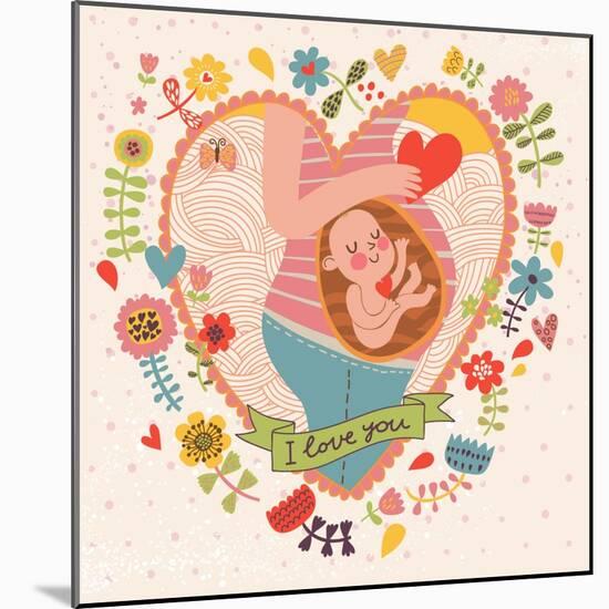 Pregnancy Concept Card in Cartoon Style. Baby and Mother in Love inside Hearts and Flowers-smilewithjul-Mounted Art Print