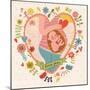 Pregnancy Concept Card in Cartoon Style. Baby and Mother in Love inside Hearts and Flowers-smilewithjul-Mounted Art Print