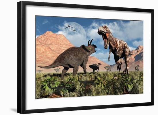 Prehistoric Battle Between a Triceratops and Tyrannosaurus Rex-null-Framed Art Print