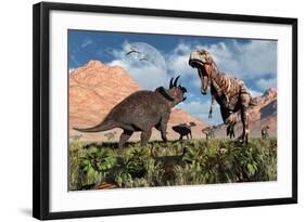 Prehistoric Battle Between a Triceratops and Tyrannosaurus Rex-null-Framed Art Print