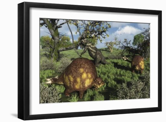 Prehistoric Glyptodonts Graze on Grassy Plains. an Eremotherium Is in the Background-null-Framed Art Print