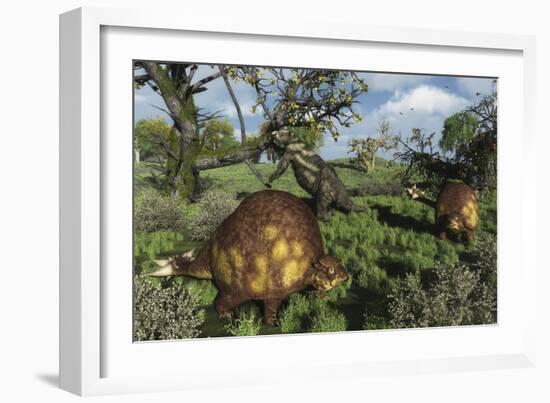 Prehistoric Glyptodonts Graze on Grassy Plains. an Eremotherium Is in the Background-null-Framed Art Print