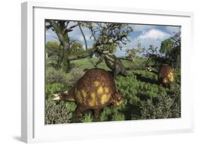 Prehistoric Glyptodonts Graze on Grassy Plains. an Eremotherium Is in the Background-null-Framed Art Print