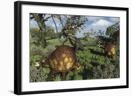 Prehistoric Glyptodonts Graze on Grassy Plains. an Eremotherium Is in the Background-null-Framed Art Print