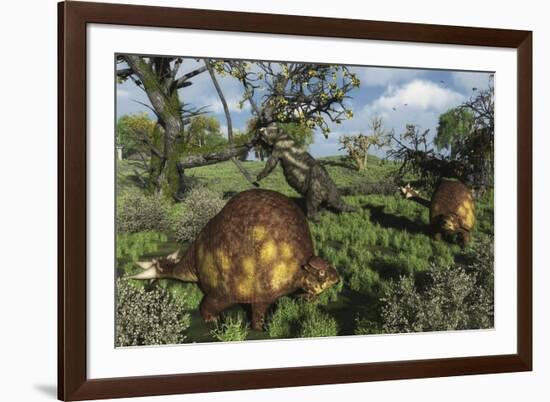 Prehistoric Glyptodonts Graze on Grassy Plains. an Eremotherium Is in the Background-null-Framed Art Print