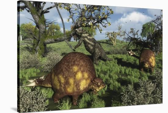 Prehistoric Glyptodonts Graze on Grassy Plains. an Eremotherium Is in the Background-null-Stretched Canvas