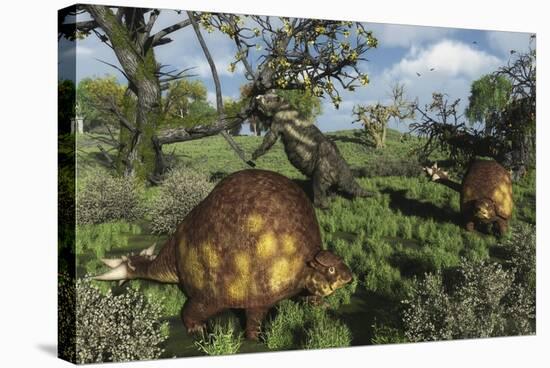 Prehistoric Glyptodonts Graze on Grassy Plains. an Eremotherium Is in the Background-null-Stretched Canvas