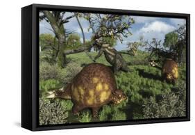 Prehistoric Glyptodonts Graze on Grassy Plains. an Eremotherium Is in the Background-null-Framed Stretched Canvas