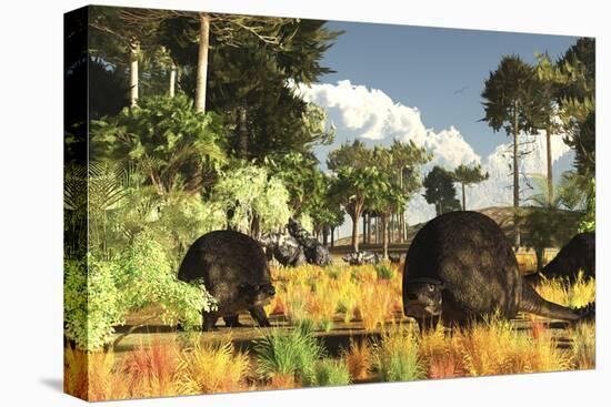 Prehistoric Glyptodonts Graze on Grassy Plains-null-Stretched Canvas