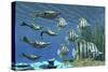 Prehistoric Pteraspis Jawless Fish Swimming with a Group of Chelmon Butterflyfish-null-Stretched Canvas