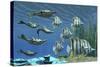 Prehistoric Pteraspis Jawless Fish Swimming with a Group of Chelmon Butterflyfish-null-Stretched Canvas