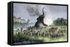 Prehistory: Mammoth Hunters Using Bows and Arrows. Colourful Engraving of the 19Th Century.-null-Framed Stretched Canvas