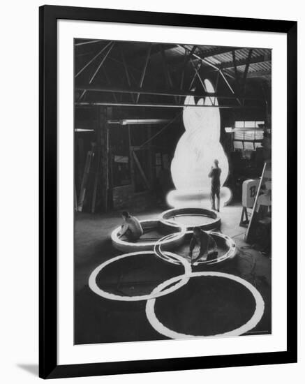 Preparations For the Olympics, Olympic Symbol Being Made in Neon-John Dominis-Framed Photographic Print