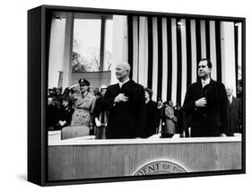 Pres. Dwight D. Eisenhower and Vice Pres. Richard M. Nixon, Watching the Inauguration Parade-Ed Clark-Framed Stretched Canvas