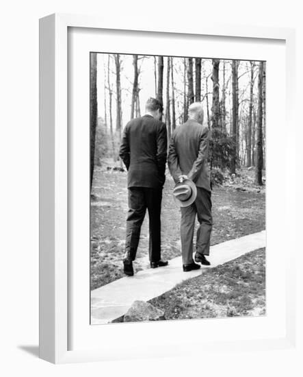 Pres Dwight Eisenhower and John Kennedy after Failed Bay of Pigs Invasion, Camp David, Apr 22, 1961-null-Framed Photo