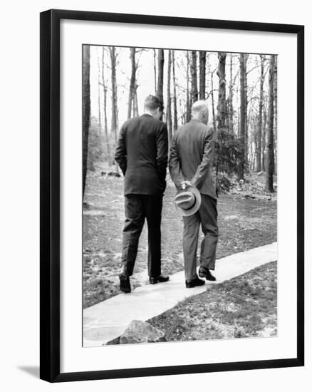 Pres Dwight Eisenhower and John Kennedy after Failed Bay of Pigs Invasion, Camp David, Apr 22, 1961-null-Framed Photo