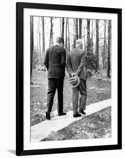 Pres Dwight Eisenhower and John Kennedy after Failed Bay of Pigs Invasion, Camp David, Apr 22, 1961-null-Framed Photo