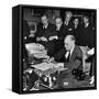Pres. Franklin D. Roosevelt Signing Declaration of War Following Japanese Bombing of Pearl Harbor-Thomas D^ Mcavoy-Framed Stretched Canvas