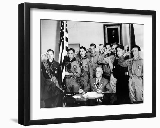 Pres Franklin Roosevelt and Honor Scouts on 27th Anniversary of Boy Scouts Founding, Feb 8, 1937-null-Framed Photo