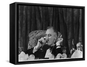 Pres. Franklin Roosevelt Drinking Wine and Smoking a Cigarette During the Jackson Day Dinner-null-Framed Stretched Canvas