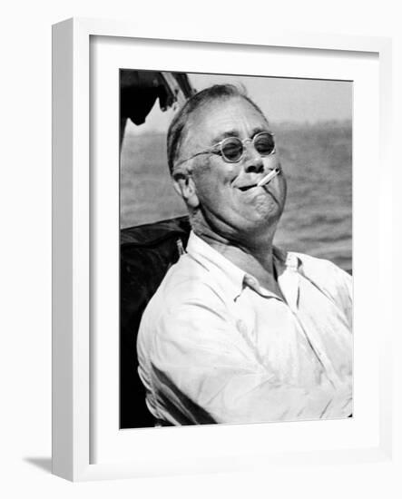 Pres Franklin Roosevelt Smokes Cigarette and Fishing During Vacation on Gulf of Mexico, May 10 1937-null-Framed Photo