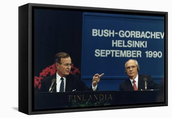 Pres. George H. W. Bush and Soviet Pres. Mikhail Gorbachev at the Helsinki Summit, Sept. 9, 1990-null-Framed Stretched Canvas