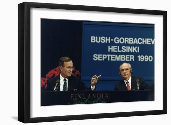 Pres. George H. W. Bush and Soviet Pres. Mikhail Gorbachev at the Helsinki Summit, Sept. 9, 1990-null-Framed Premium Photographic Print