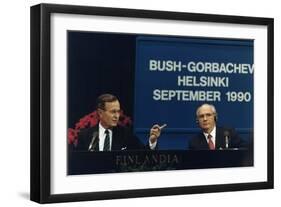 Pres. George H. W. Bush and Soviet Pres. Mikhail Gorbachev at the Helsinki Summit, Sept. 9, 1990-null-Framed Premium Photographic Print