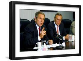 Pres. George W. Bush and Donald Rumsfeld Meet with Press on Sept. 17, 2001-null-Framed Photo