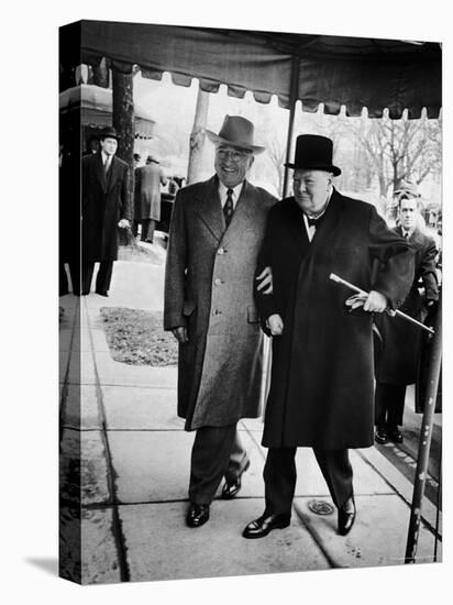 Pres. Harry Truman Walking Arm-In-Arm with British Prime Minister Winston Churchill, Blair House-George Skadding-Stretched Canvas