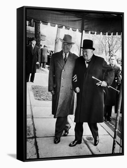 Pres. Harry Truman Walking Arm-In-Arm with British Prime Minister Winston Churchill, Blair House-George Skadding-Framed Stretched Canvas