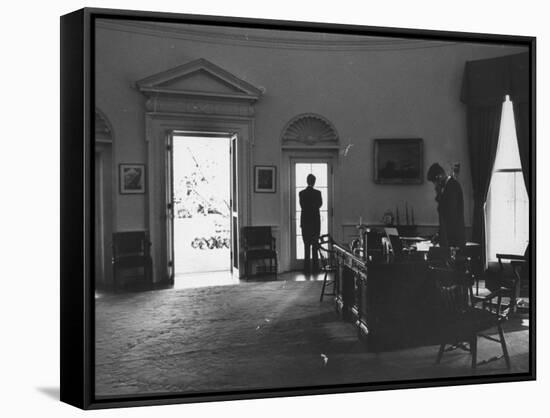 Pres. John F. Kennedy and Attorney Gen. Robert F. Kennedy Conferring in the Oval Office-null-Framed Stretched Canvas