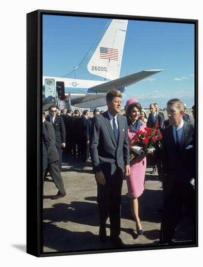 Pres. John F Kennedy and Wife Jackie at Love Field During Campaign Tour on Day of Assassination-Art Rickerby-Framed Stretched Canvas