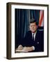 Pres. John F. Kennedy Sitting at His Desk, with Flag in Bkgrd-Alfred Eisenstaedt-Framed Premium Photographic Print