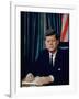 Pres. John F. Kennedy Sitting at His Desk, with Flag in Bkgrd-Alfred Eisenstaedt-Framed Photographic Print