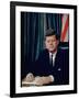 Pres. John F. Kennedy Sitting at His Desk, with Flag in Bkgrd-Alfred Eisenstaedt-Framed Photographic Print
