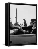 Pres. John F. Kennedy W. Gen. Paul Adams, During Tour of a Pershing Missile at Fort Bragg-null-Framed Stretched Canvas